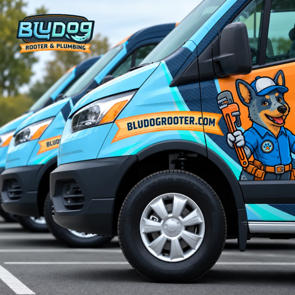 BluDog service vans with the blue dog plumbing mascot